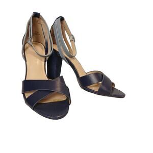 H by HALSTON Kaely Navy Blue Gray Strappy Block Heel Shoes  6½M Nightout Glam